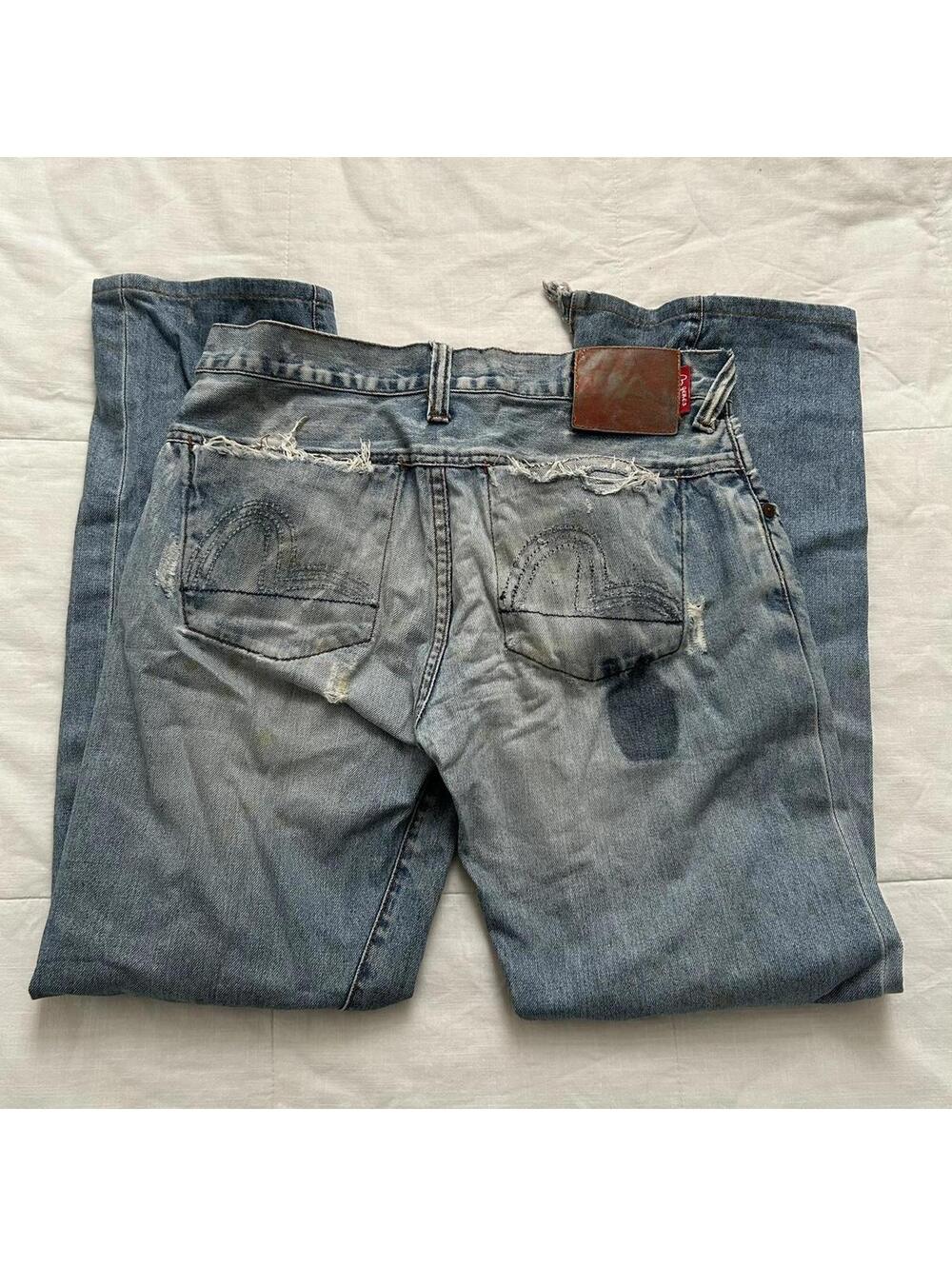 Evisu Light Wash Selvedge Distressed Denim Jeans Chewed Details 32 Japan